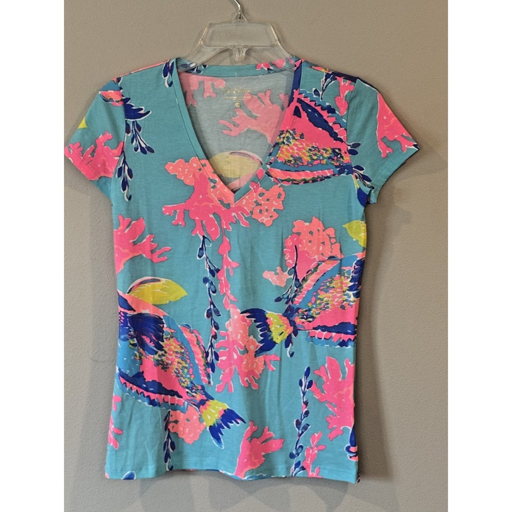 Lilly Pulitzer T-Shirt Womens XS Blue Pink Floral V-Neck Short Slv Stretch